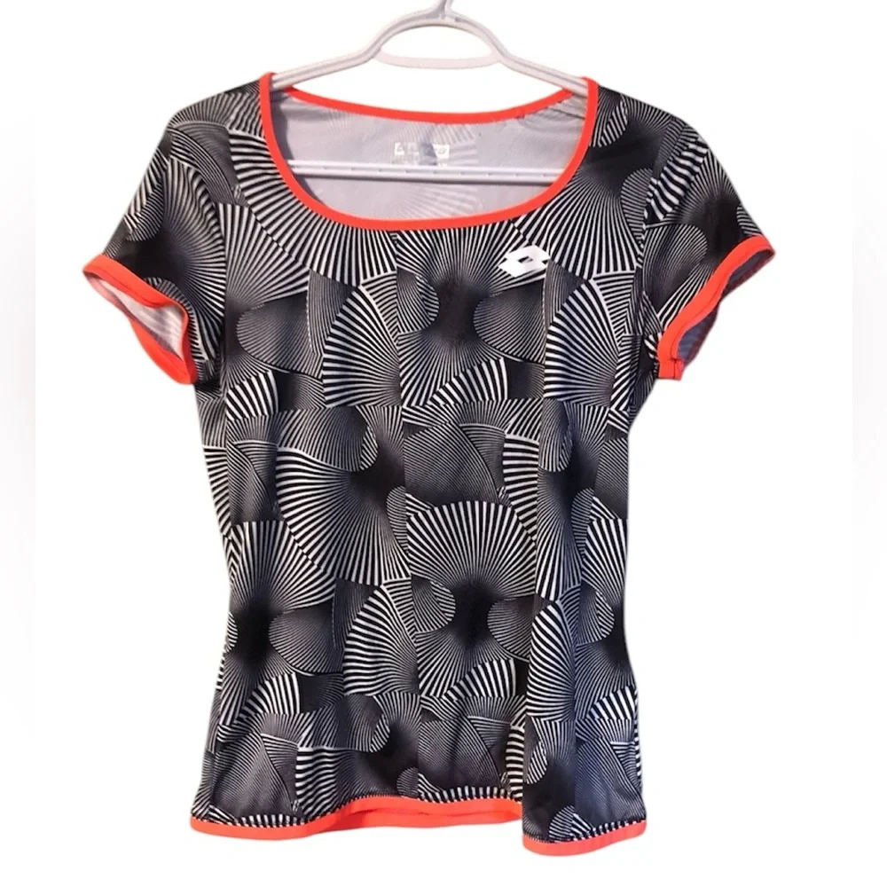 LOTTO Tech Tennis Tee Short Sleeve T-Shirt Black White Orange Trim Size Medium - Picture 8 of 12